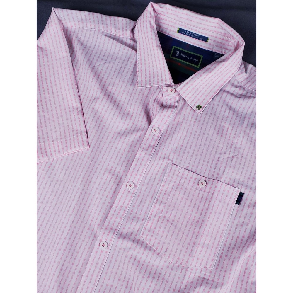 William Murry Mens Golf Button Down S/s Shirt All Over Beer Print White‎ Pink